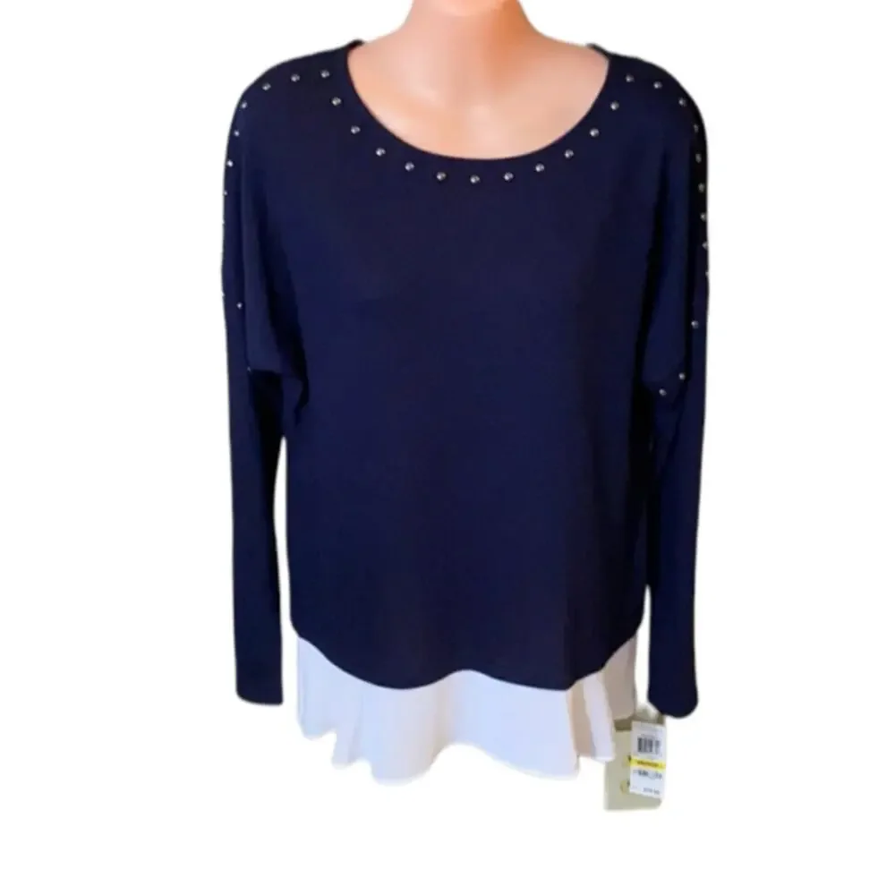 INC International Concepts Layered Look Studded   XS Blue Faux-Layer Top NWT - Picture 2 of 13